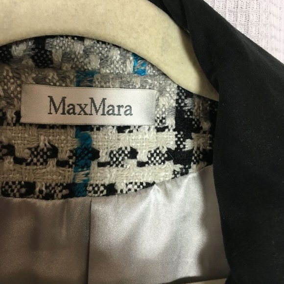 MaxMara 4 Plaid Coat Wool Cotton Textured Tweed Black Lace Velvet Details - Picture 3 of 9